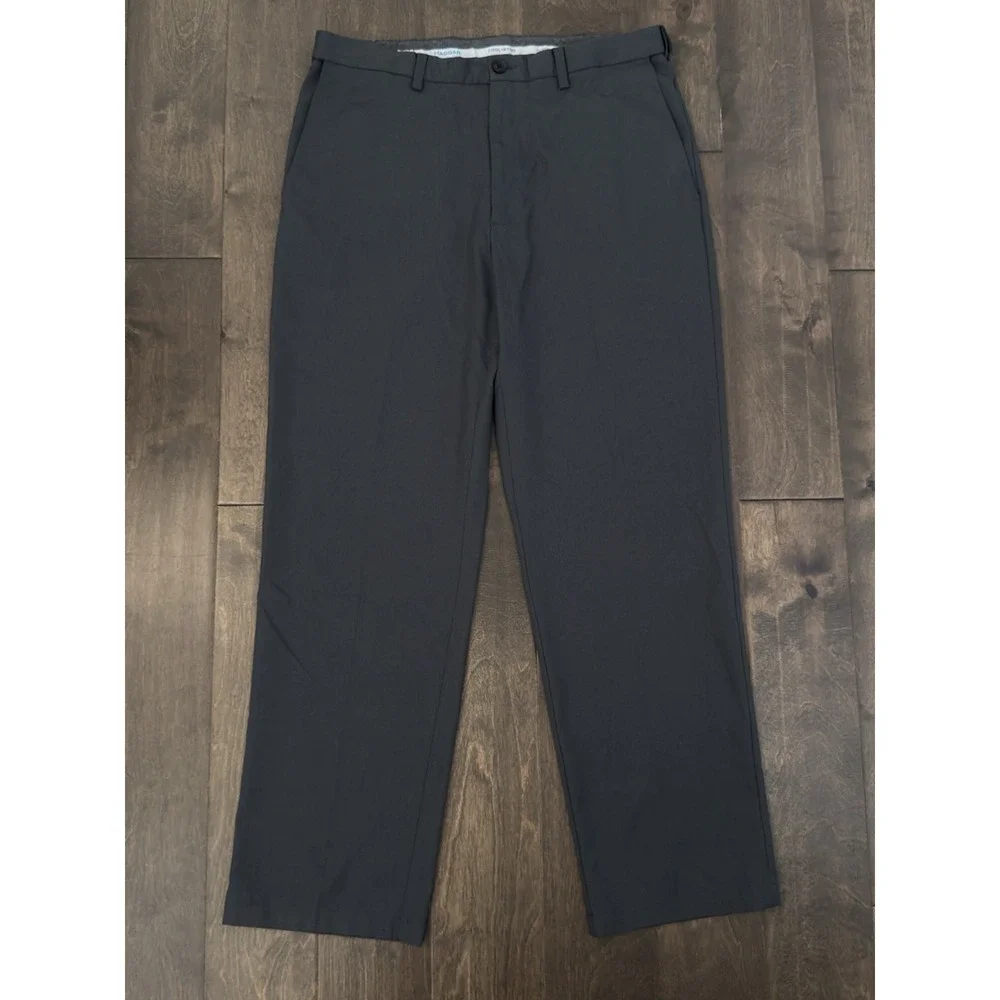 Haggar Cool 18 Pro Mens Flat Front Dress Pants 36X32 Dark Grey Expandable Waist